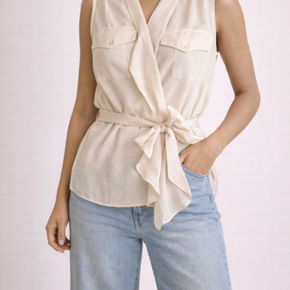 Soft Pink Sleeveless Belted Blouse